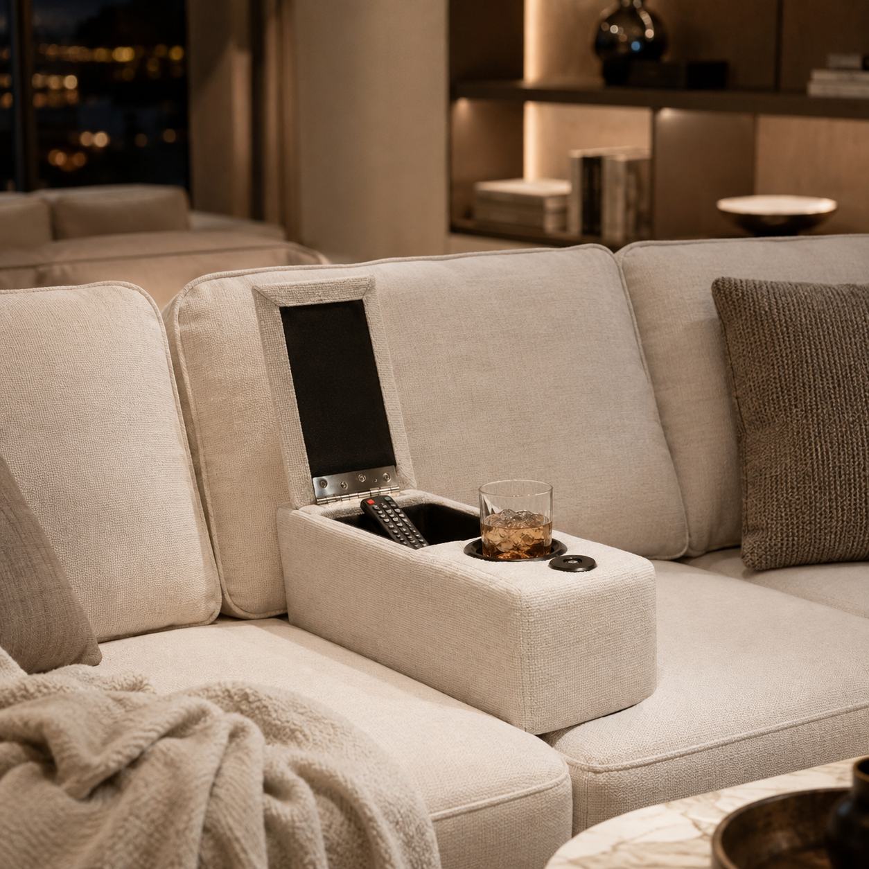 Multifunctional Sofa Armrest Couch Caddy with Wireless Charging LED Light