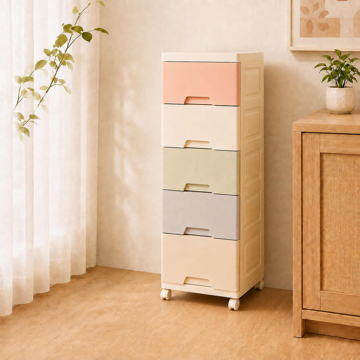 Homero Multi-Purpose Multicolor Slim Storage Cabinet with Wheels