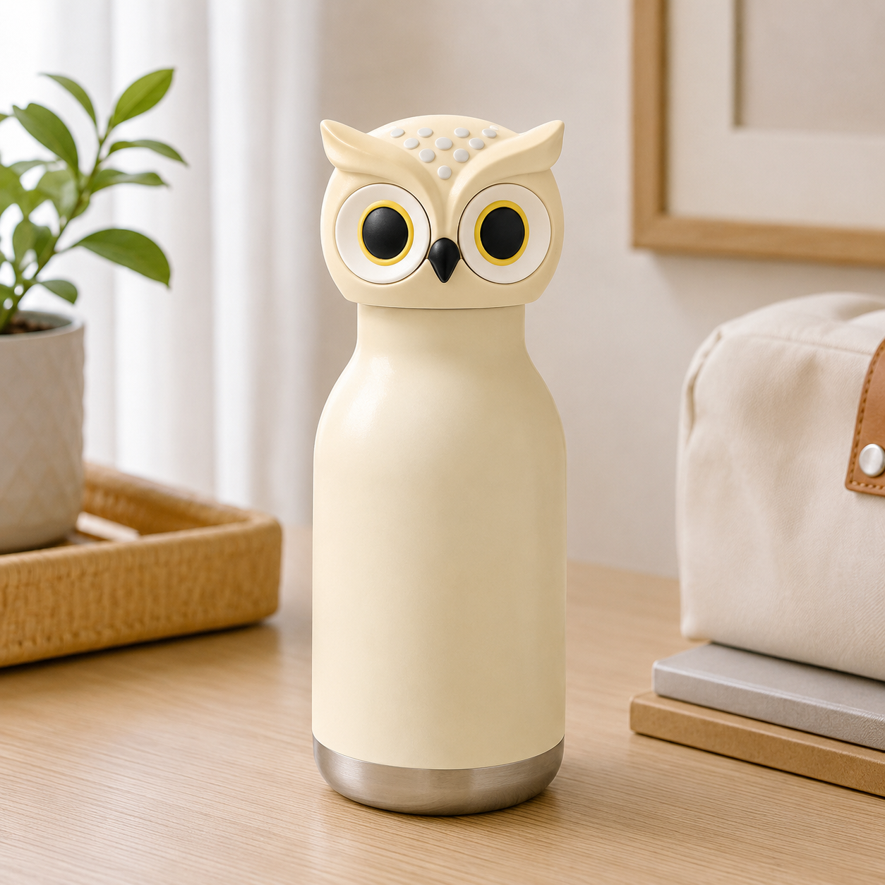 Cute Owl Stainless Steel Leakproof Sipper Drinking Bottle with Straw