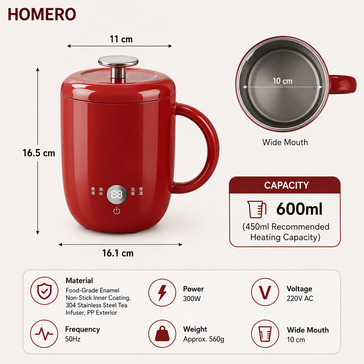 Portable Electric Water Heating Cup with Tea Infuser - 600ml Capacity