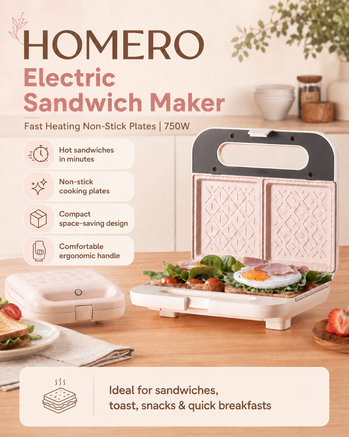 Electric Sandwich Maker with Fast Heating Non Stick Plates - 750W