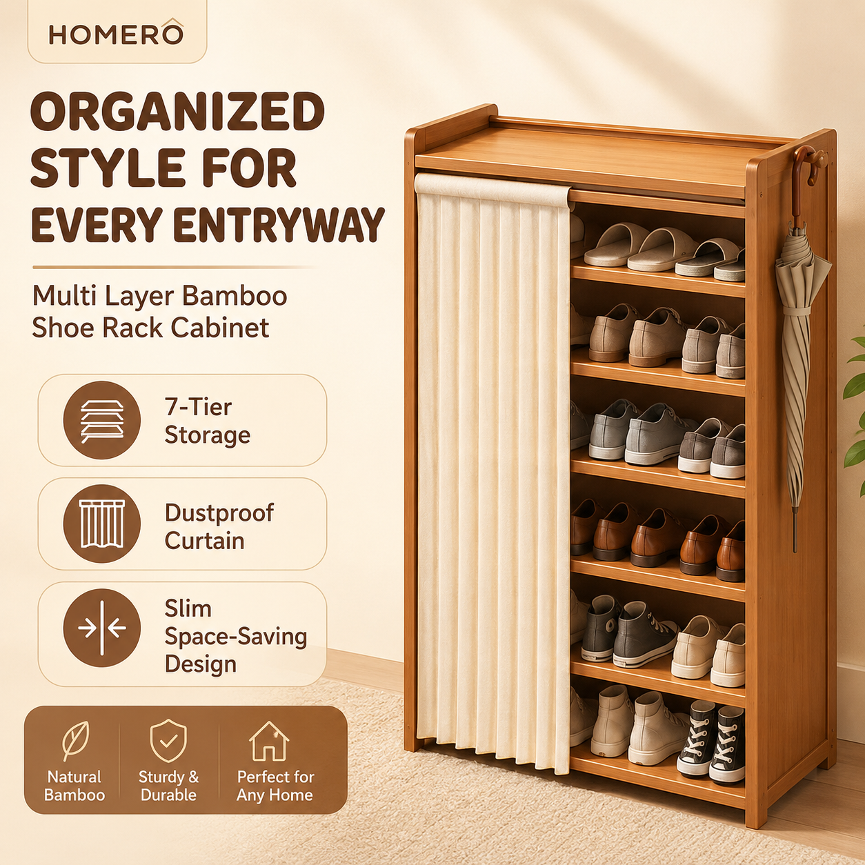 Multi Layer Bamboo Shoe Rack Cabinet with Dustproof Curtain