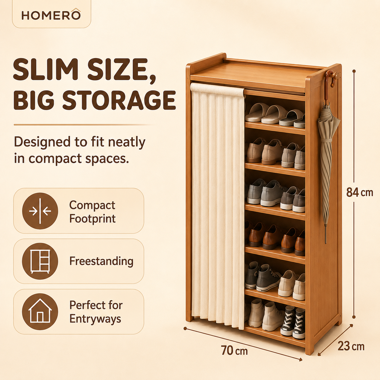 Multi Layer Bamboo Shoe Rack Cabinet with Dustproof Curtain