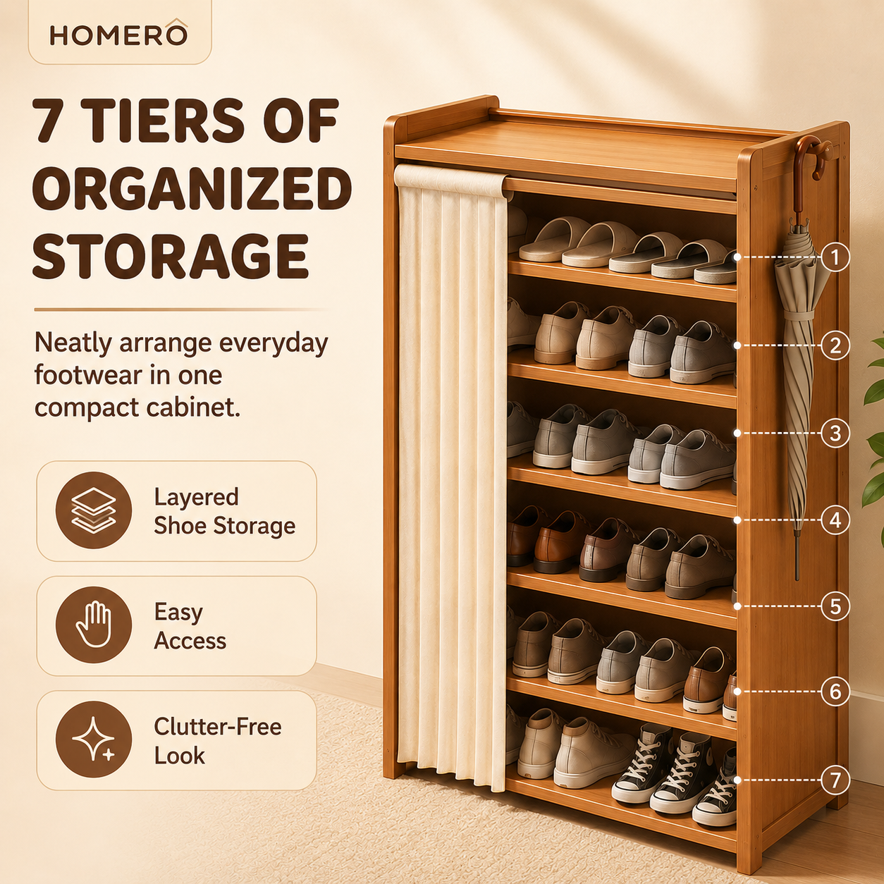 Multi Layer Bamboo Shoe Rack Cabinet with Dustproof Curtain