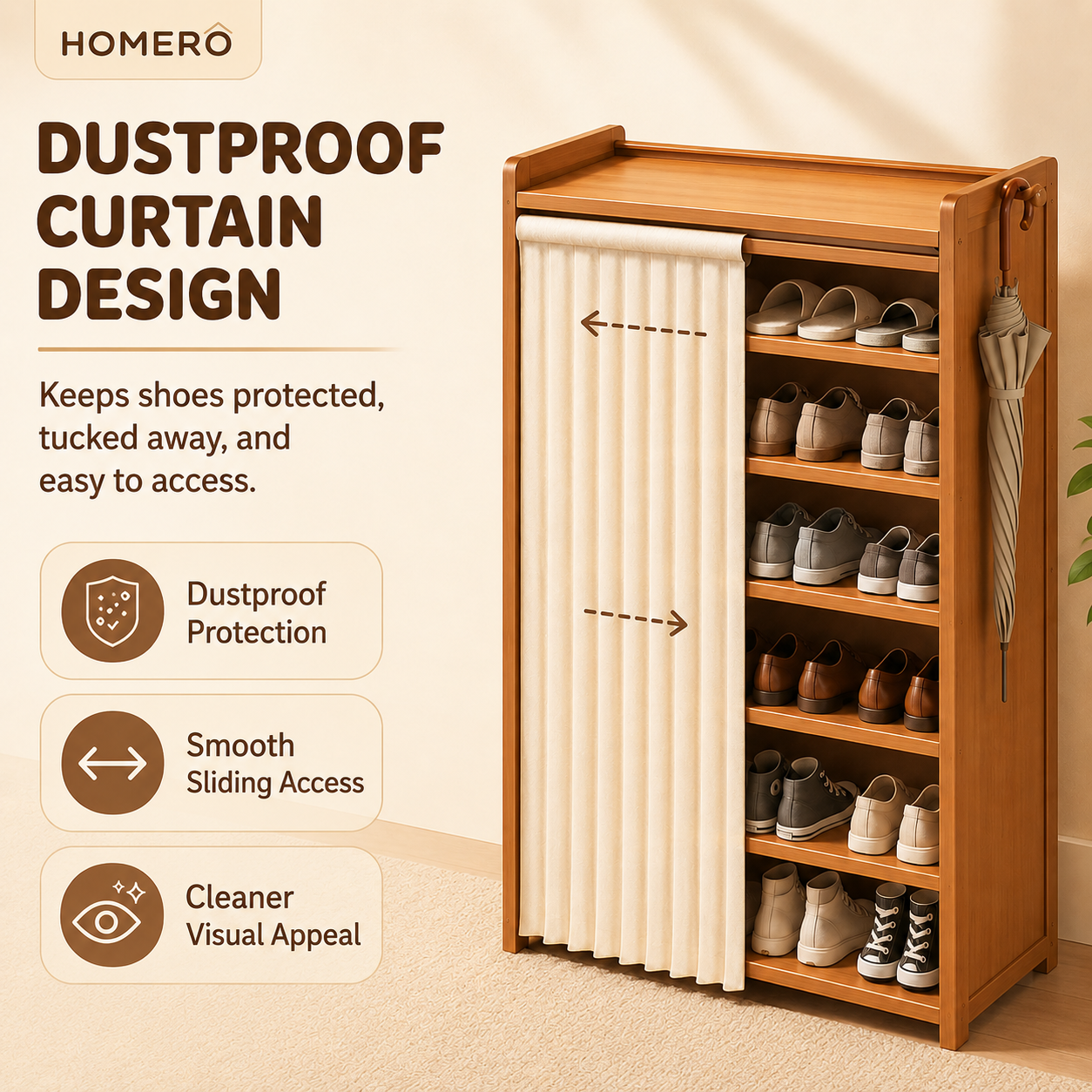 Multi Layer Bamboo Shoe Rack Cabinet with Dustproof Curtain