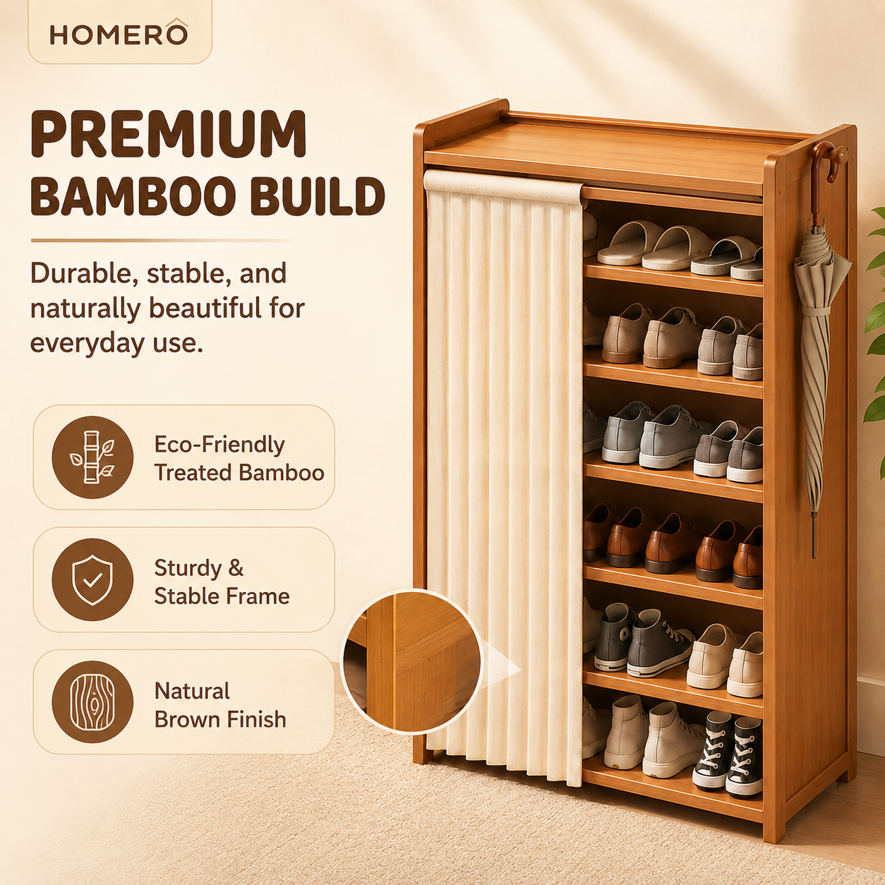 Multi Layer Bamboo Shoe Rack Cabinet with Dustproof Curtain