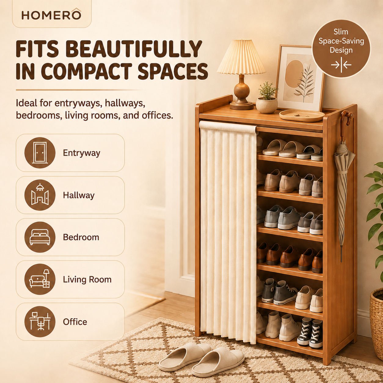 Multi Layer Bamboo Shoe Rack Cabinet with Dustproof Curtain