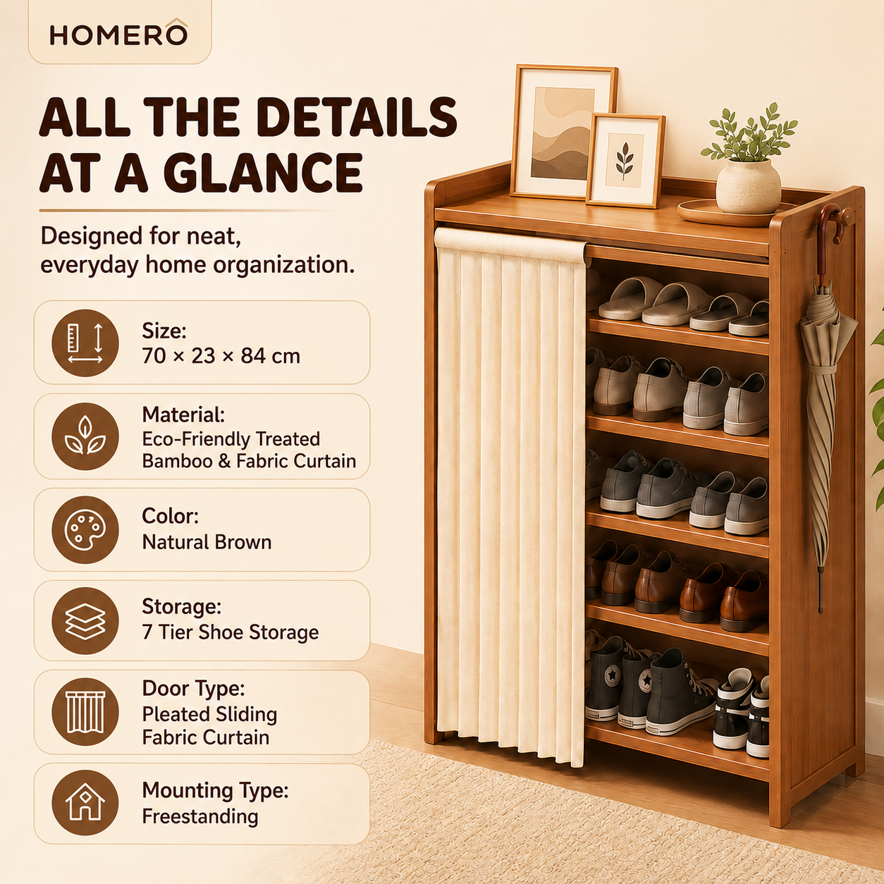 Multi Layer Bamboo Shoe Rack Cabinet with Dustproof Curtain