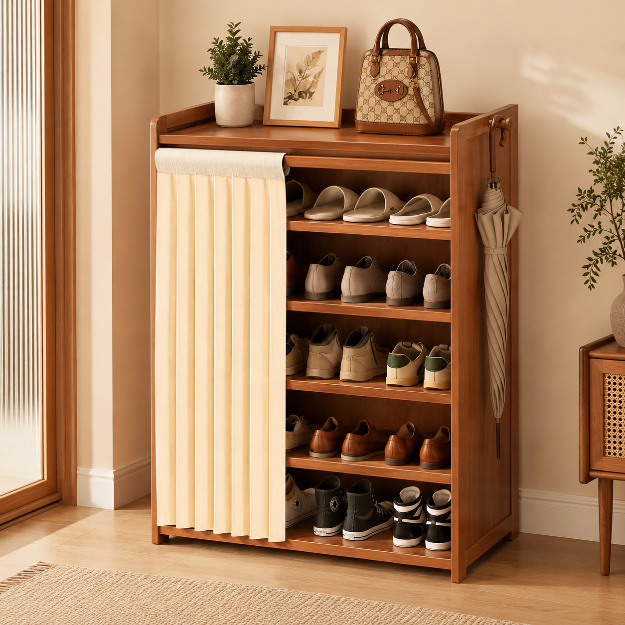 Multi Layer Bamboo Shoe Rack Cabinet with Dustproof Curtain