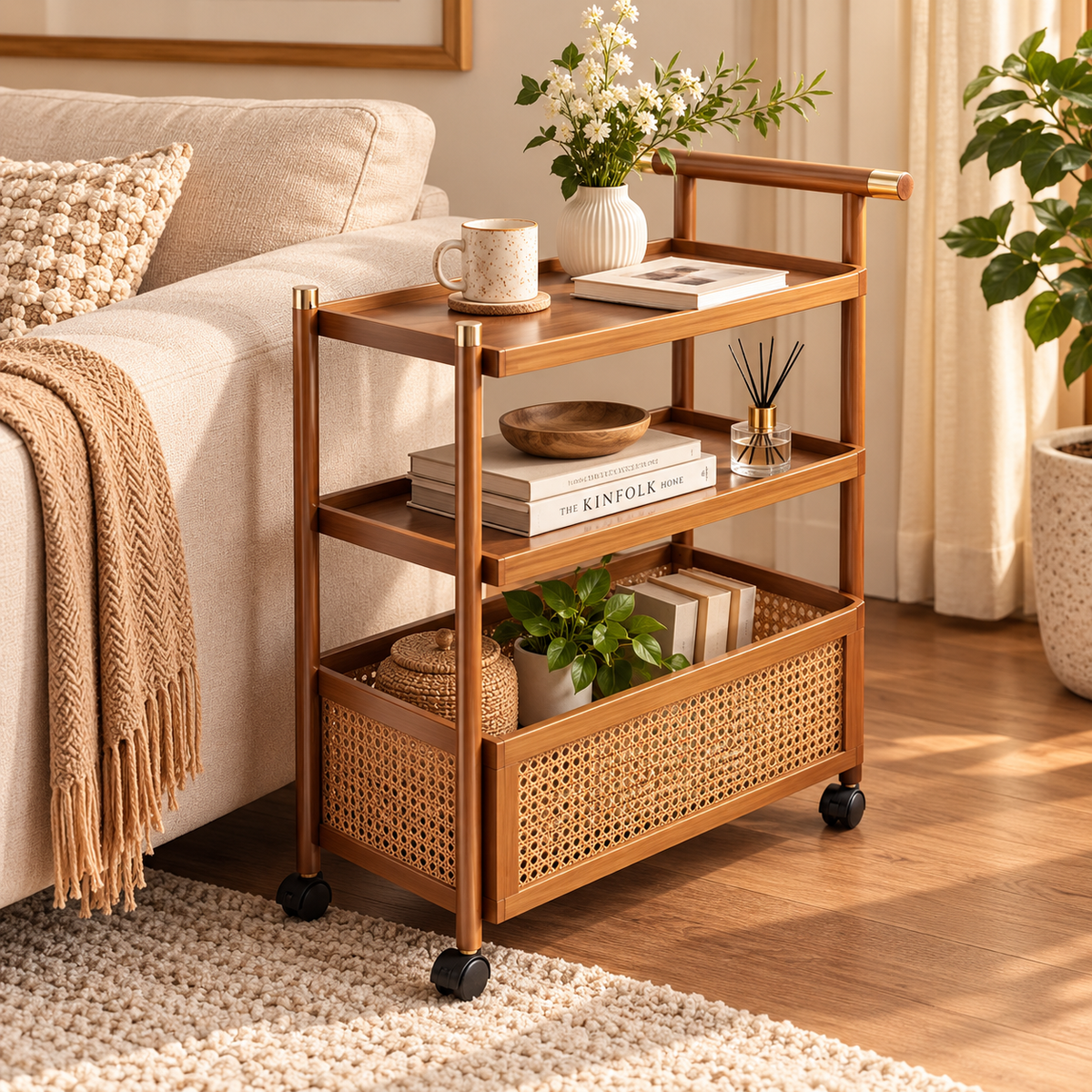 Natural Bamboo Woven Rattan Rolling Utility Side Table
