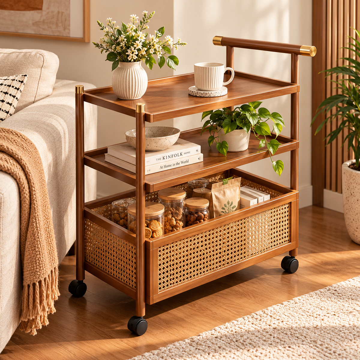 Natural Bamboo Woven Rattan Rolling Utility Side Table