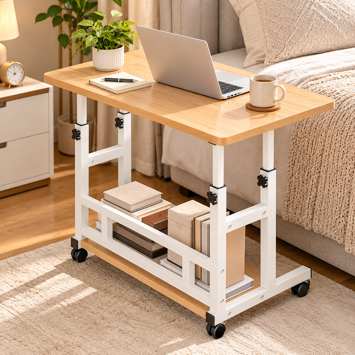 Height Adjustable Rolling Laptop Desk with Storage Shelves