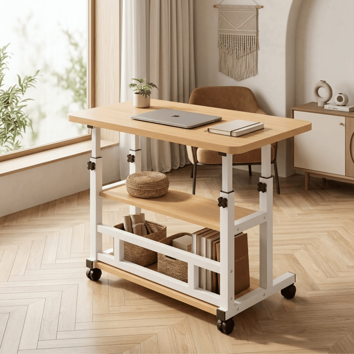 Height Adjustable Rolling Laptop Desk with Storage Shelves