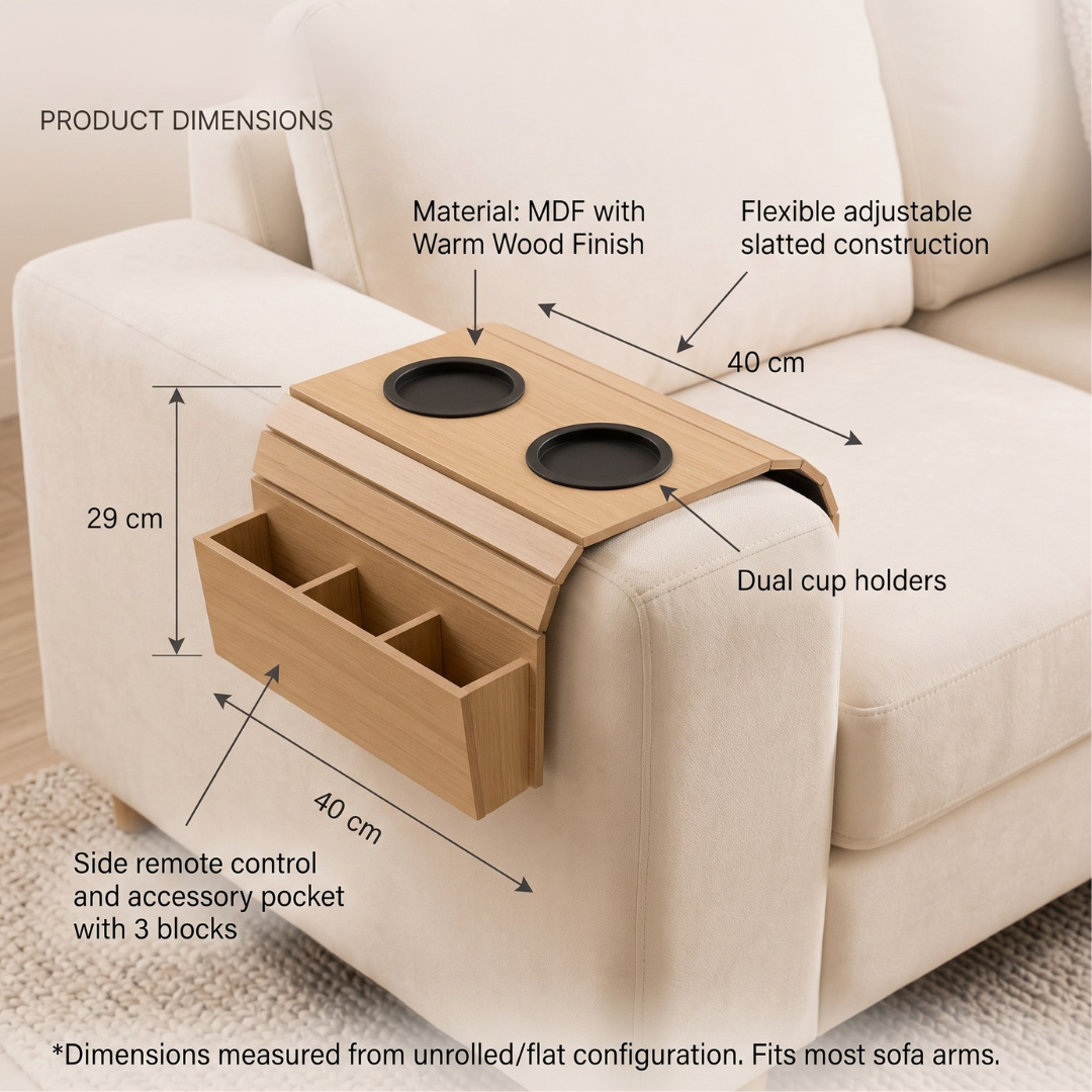 Flexible Wooden Sofa Armrest Tray Table With Dual Cup Holders And Remote Storage