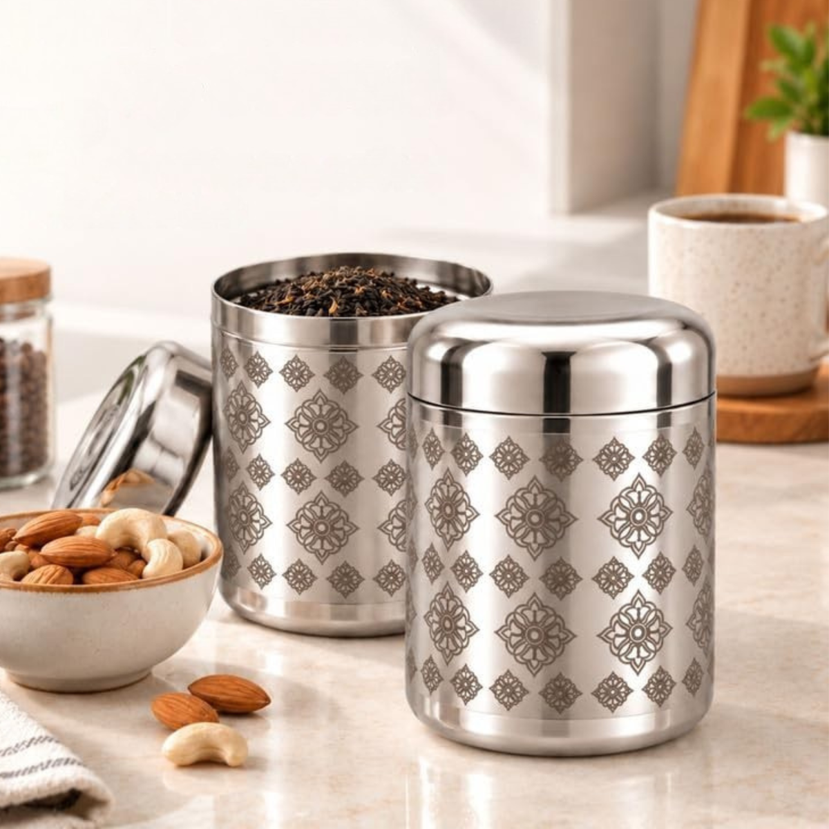 Diamond Bloom Pattern Stainless Steel Kitchen Storage Jars
