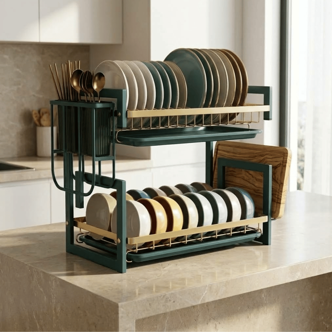 Elegant Gold finished Two Tier Dish Drying Organizer with Utensil Holder and Drainboards