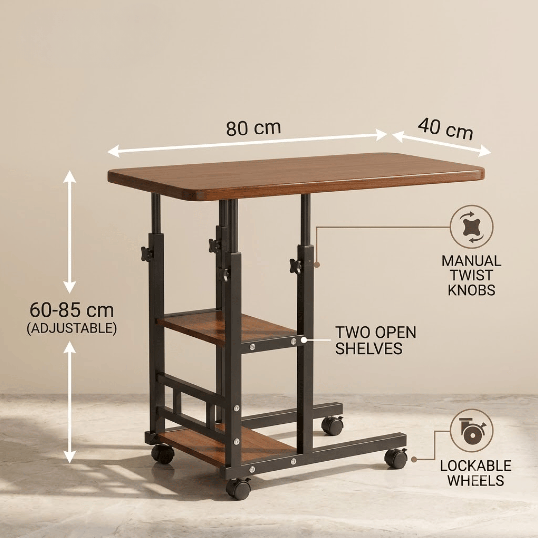 Adjustable C Shape Mobile Laptop Stand Table with Storage Shelves & Wheels