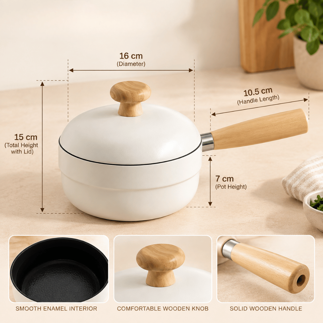 Premium White Enamel Milk Pot With Wooden Handle & Lid
