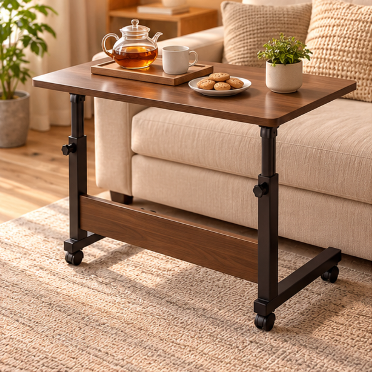 Multipurpose Height Adjustable Side Table With Lockable Wheels
