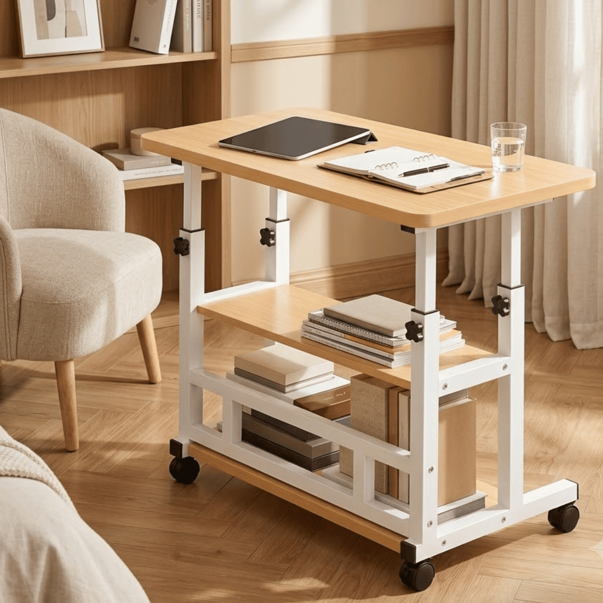 Height Adjustable Rolling Laptop Desk with Storage Shelves