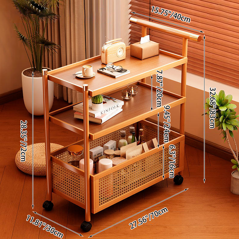 Natural Bamboo Woven Rattan Rolling Utility Side Table