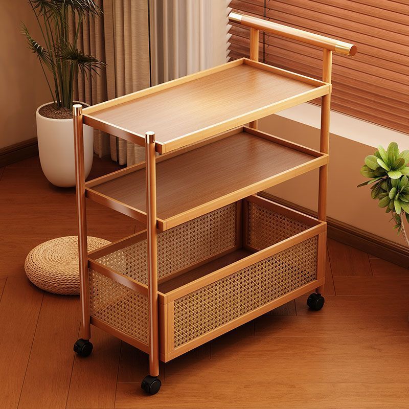 Natural Bamboo Woven Rattan Rolling Utility Side Table