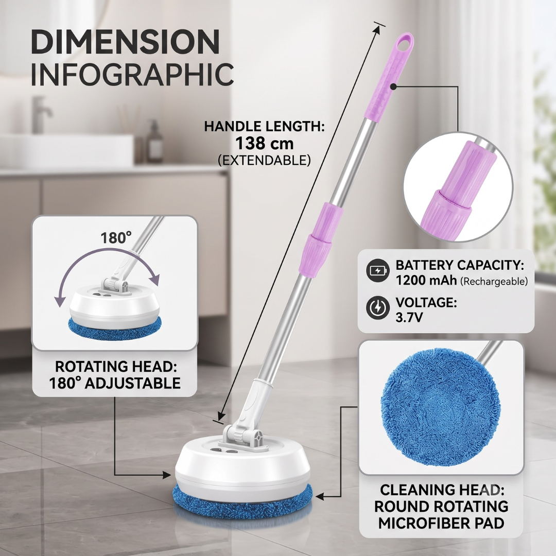 Electric Cleaning Mop with Extendable Handle and Rotating Head