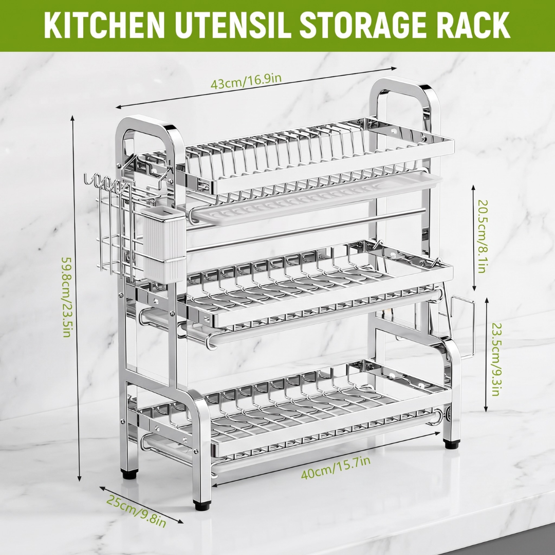 3 Layer Stainless Steel Dish Drying Rack Organizer with Removable Water Tray