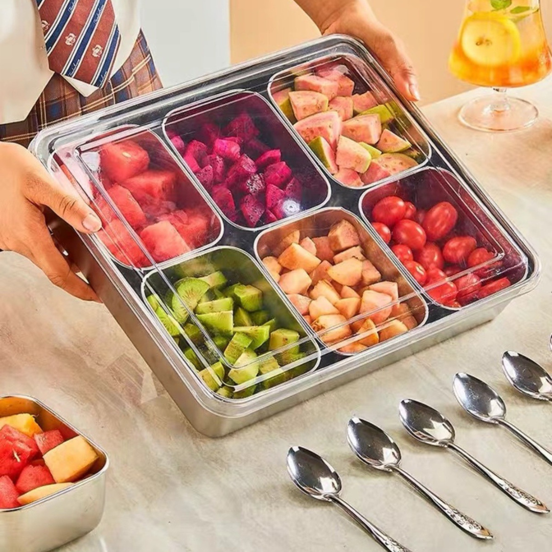 304 Stainless Steel 6-Compartment Seasoning Storage Box with Dustproof Lid