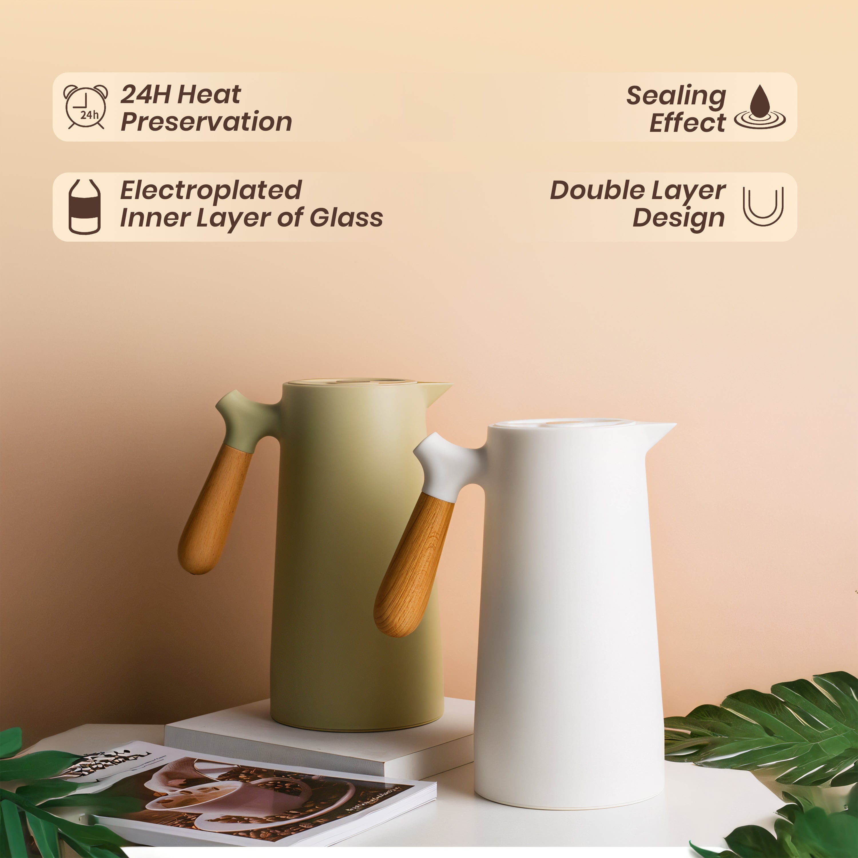 Homero 1 Litre Insulated Vacuum Flask with Wooden Handle (White)