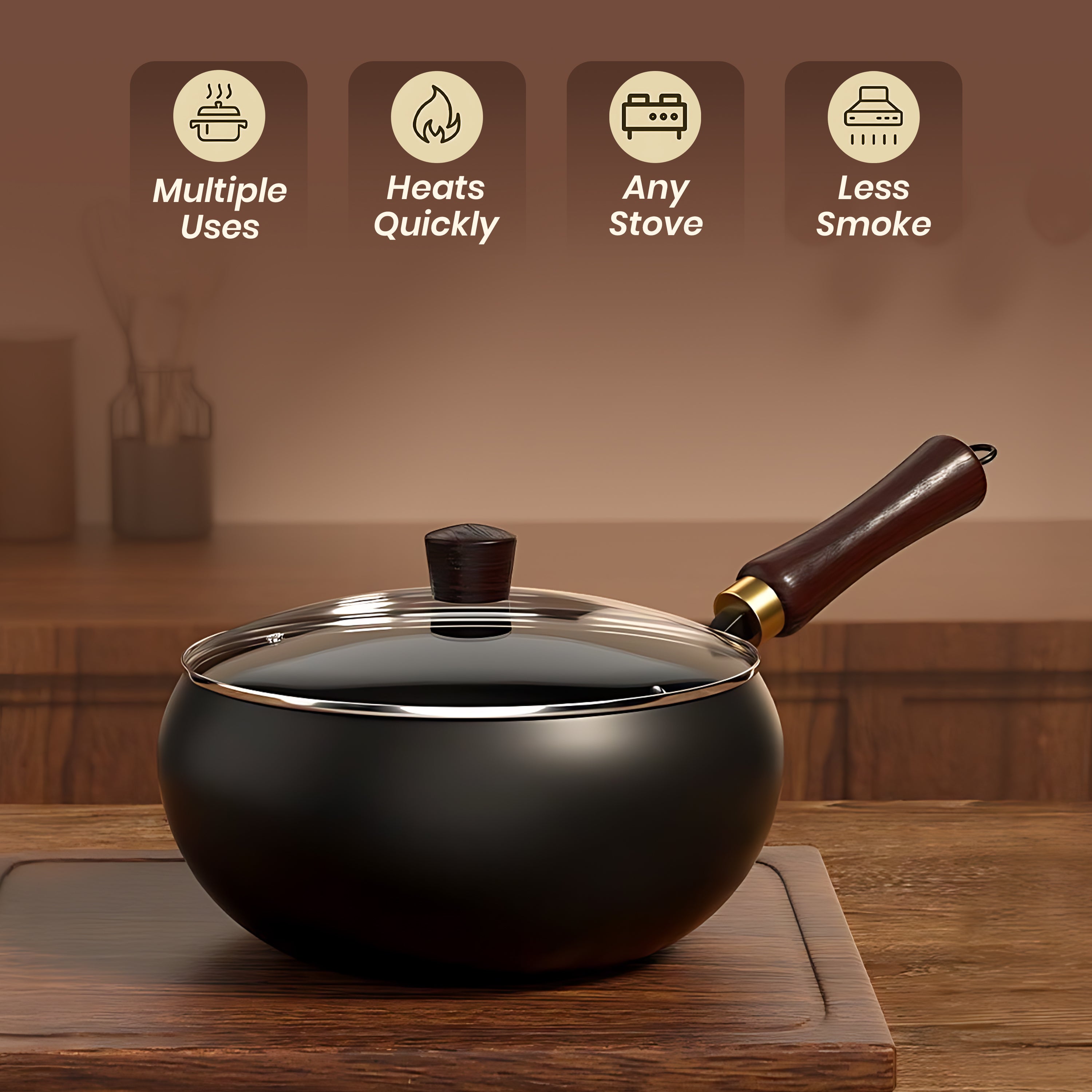 Homero Premium Iron Frying Wok Pan with Glass Lid - 24CM Black