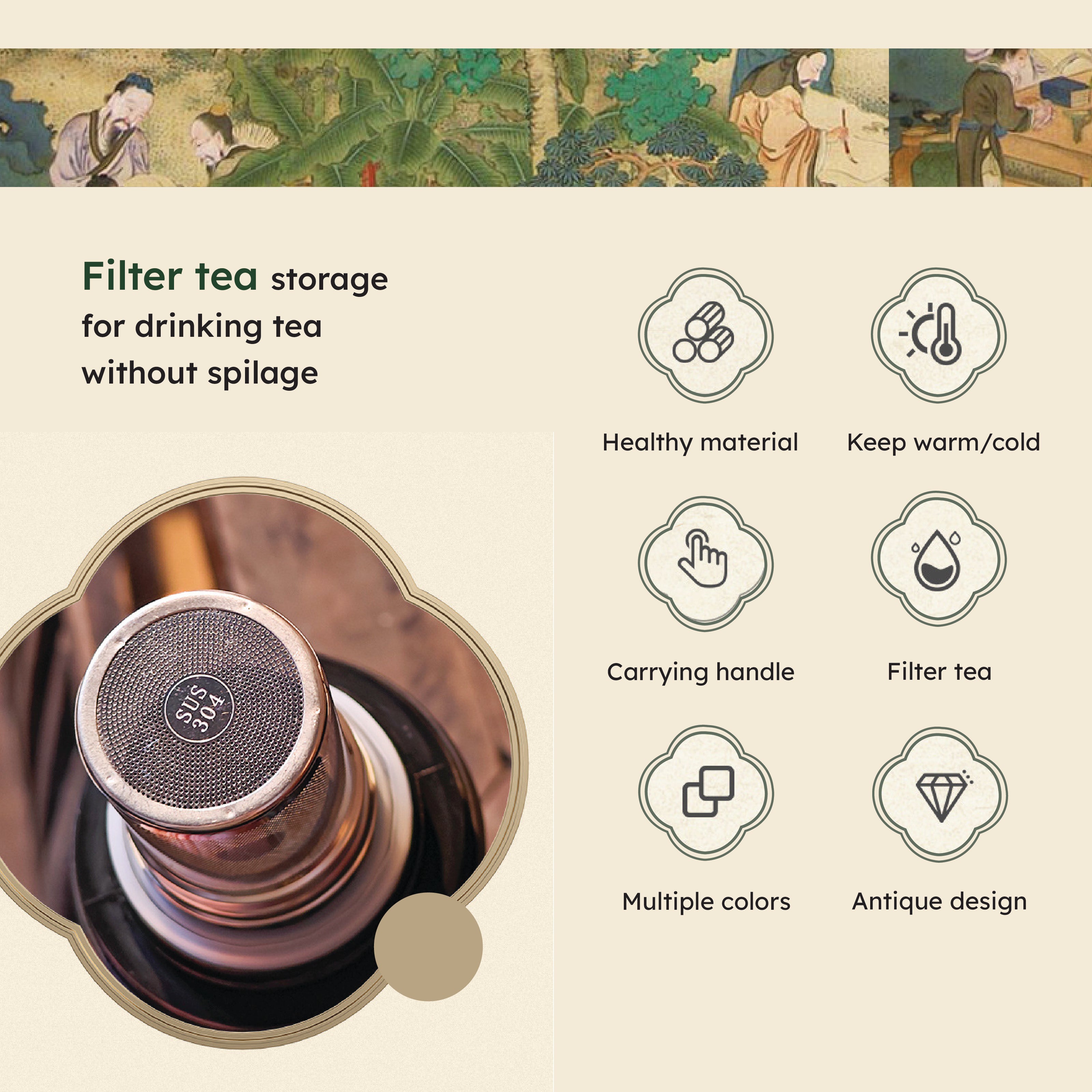 Homero Vintage Floral Stainless Steel Elegant Insulated Teapot - 800ml