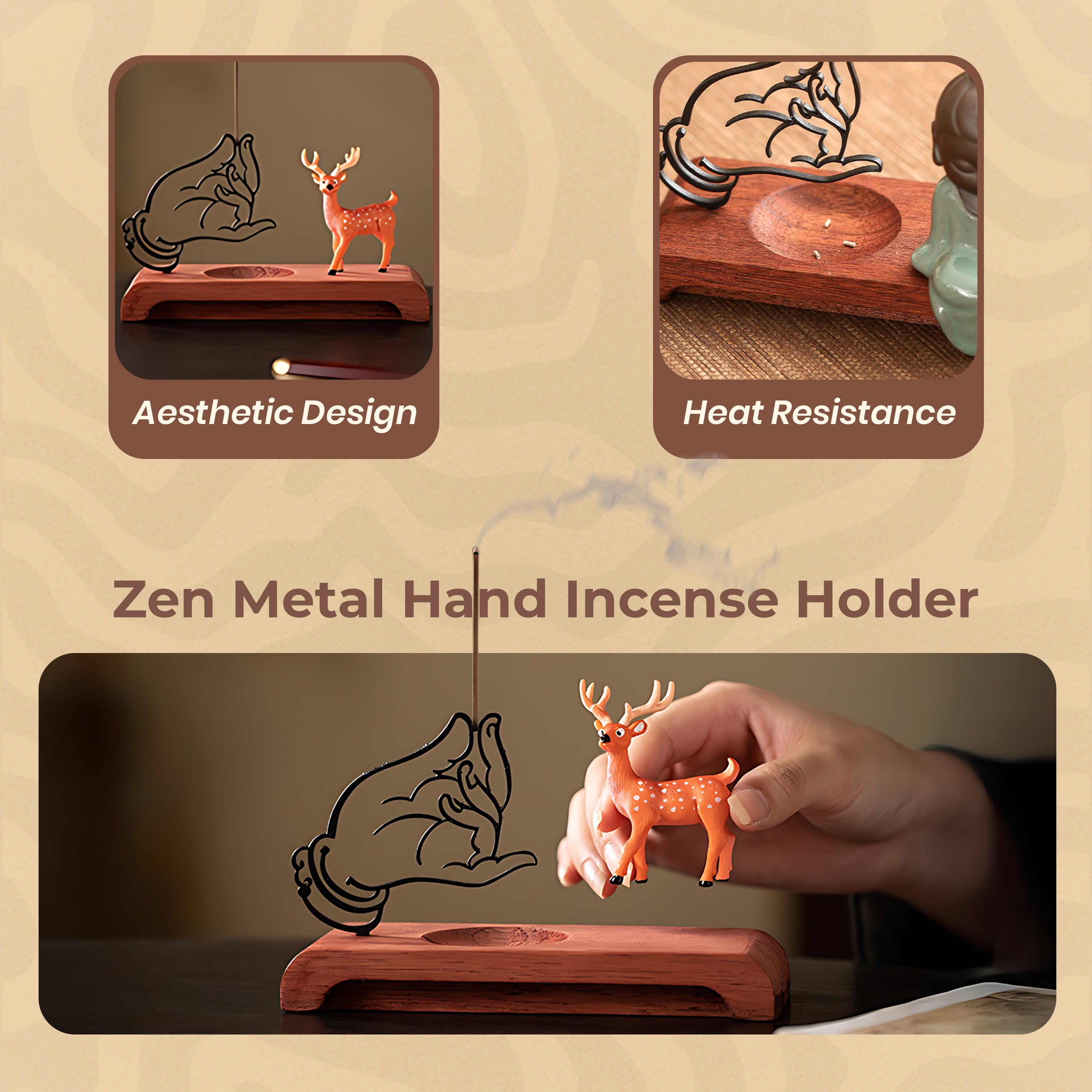 Homero Wooden Base Zen Metal Hand Incense Holder - 16cm