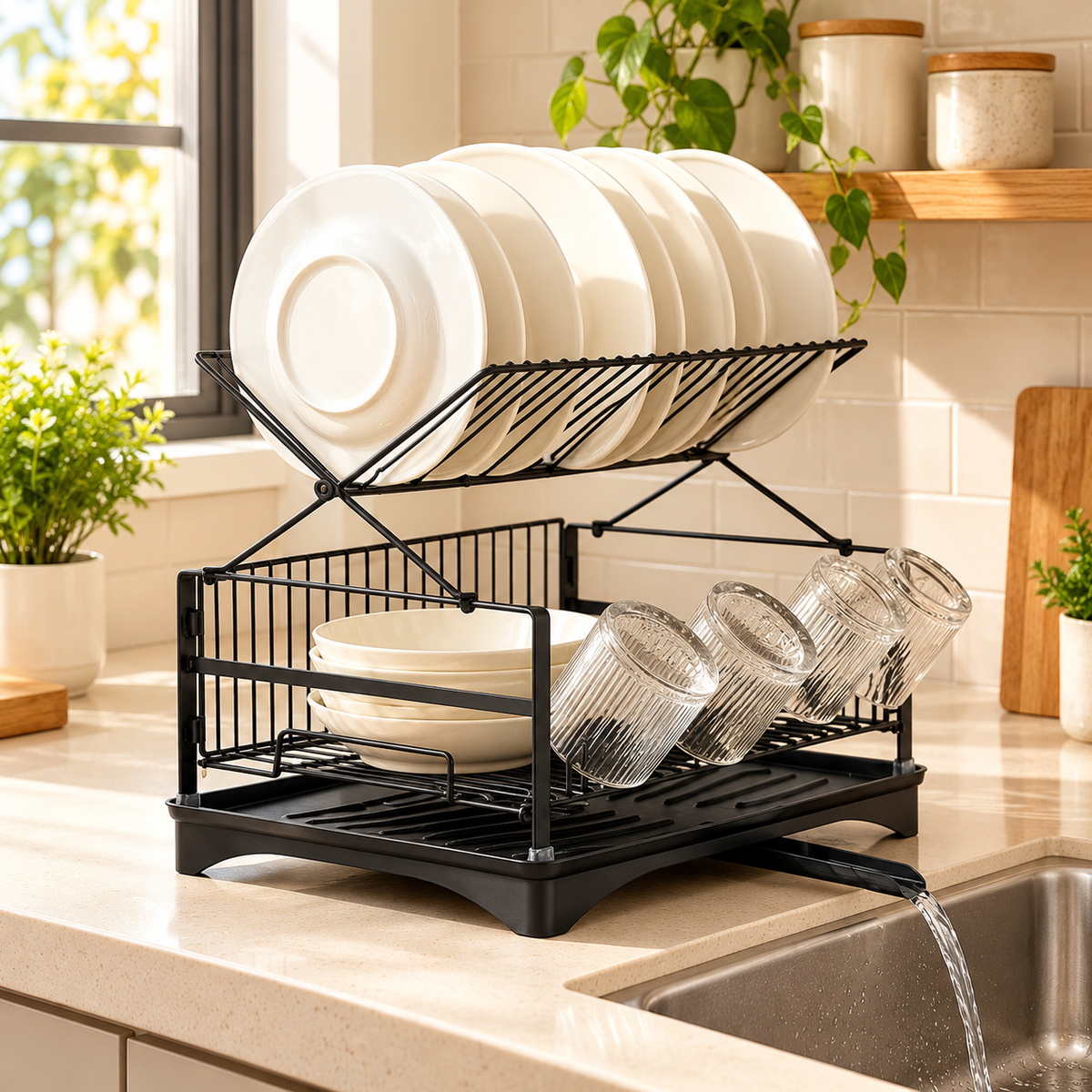 Two Tier Black Carbon Steel Dish Drying Rack with Swivel Drainage Spout
