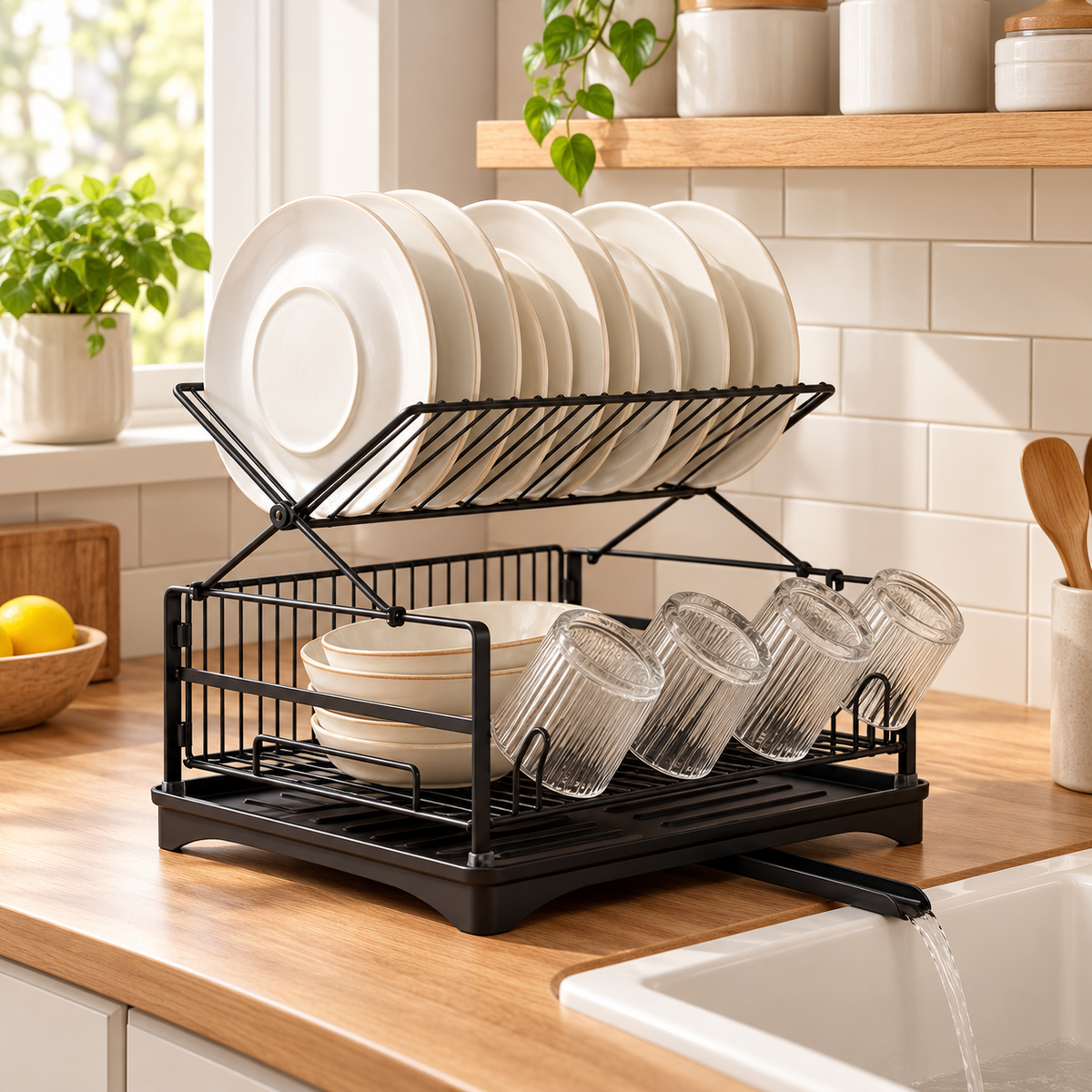 Two Tier Black Carbon Steel Dish Drying Rack with Swivel Drainage Spout