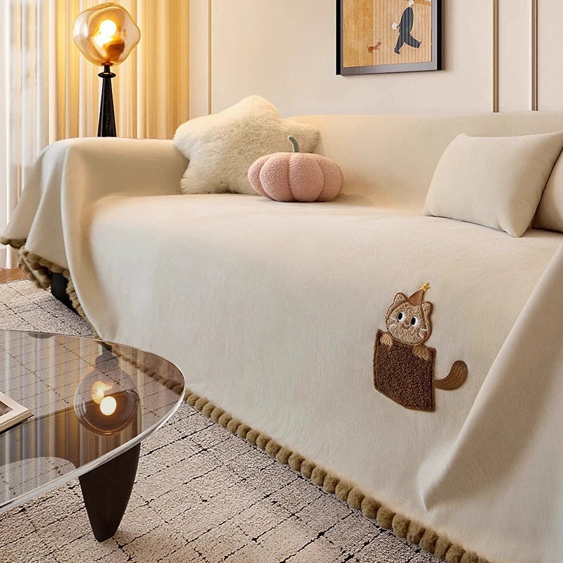 Cute Cartoon Chenille Soft Cozy Anti Slip Throw Sofa Cover
