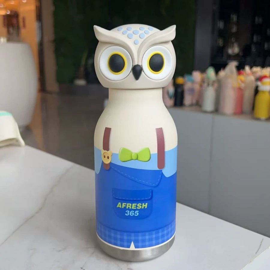 Cute Owl Stainless Steel Leakproof Sipper Drinking Bottle with Straw