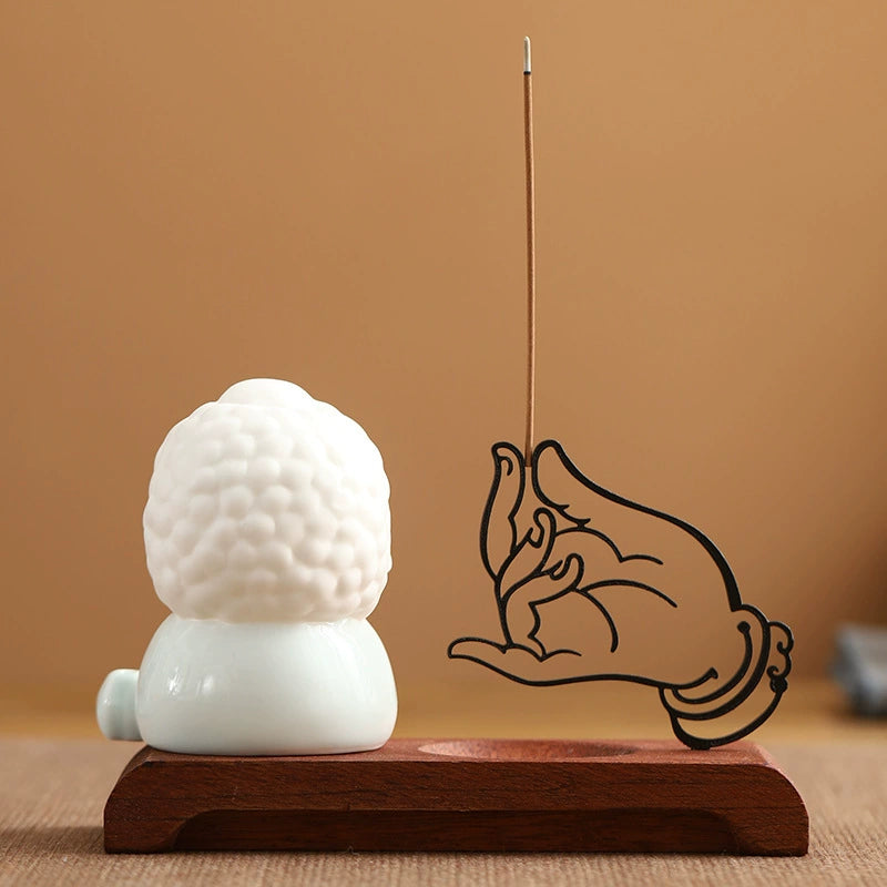 Homero Wooden Base Zen Metal Hand Incense Holder - 16cm