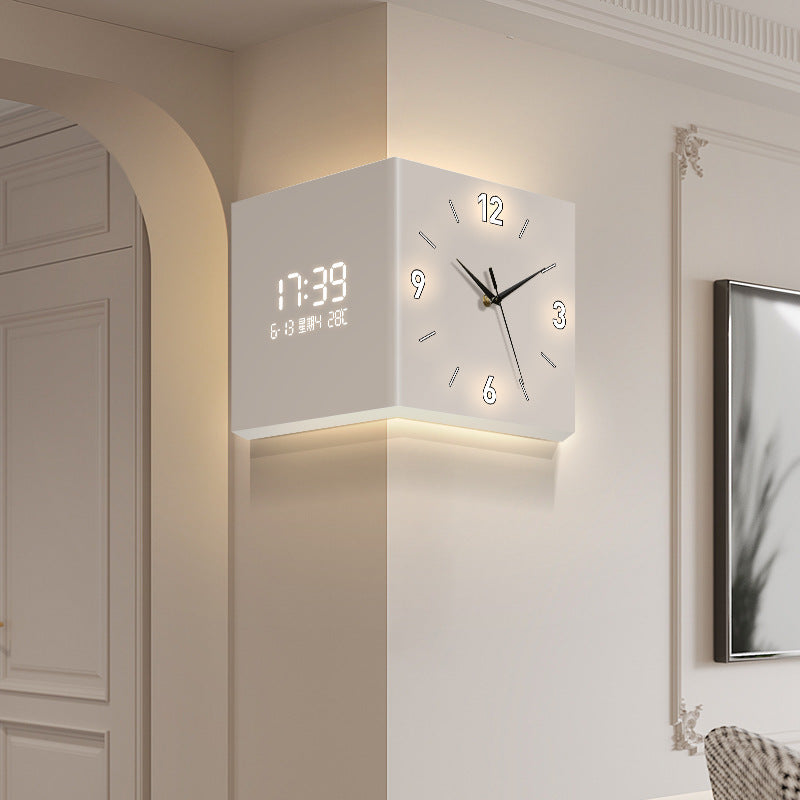 Double Sided Corner Silent Illuminated Hybrid Wall Clock (White)