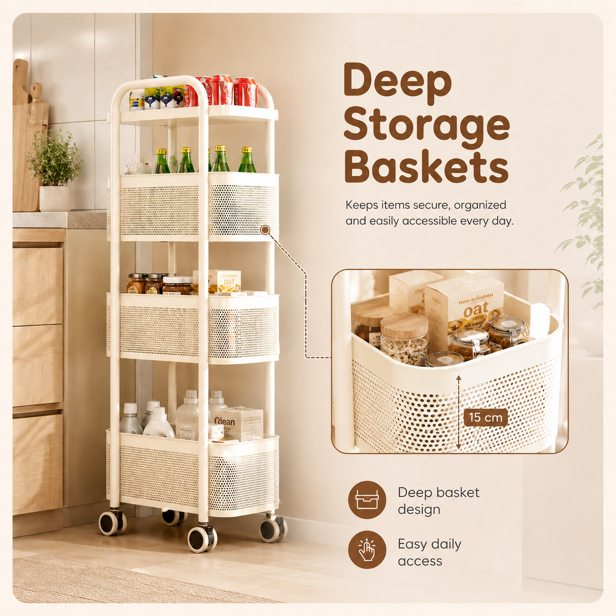 Homero Multipurpose 4-Layer High Quality Plastic Narrow Gap Storage Trolley