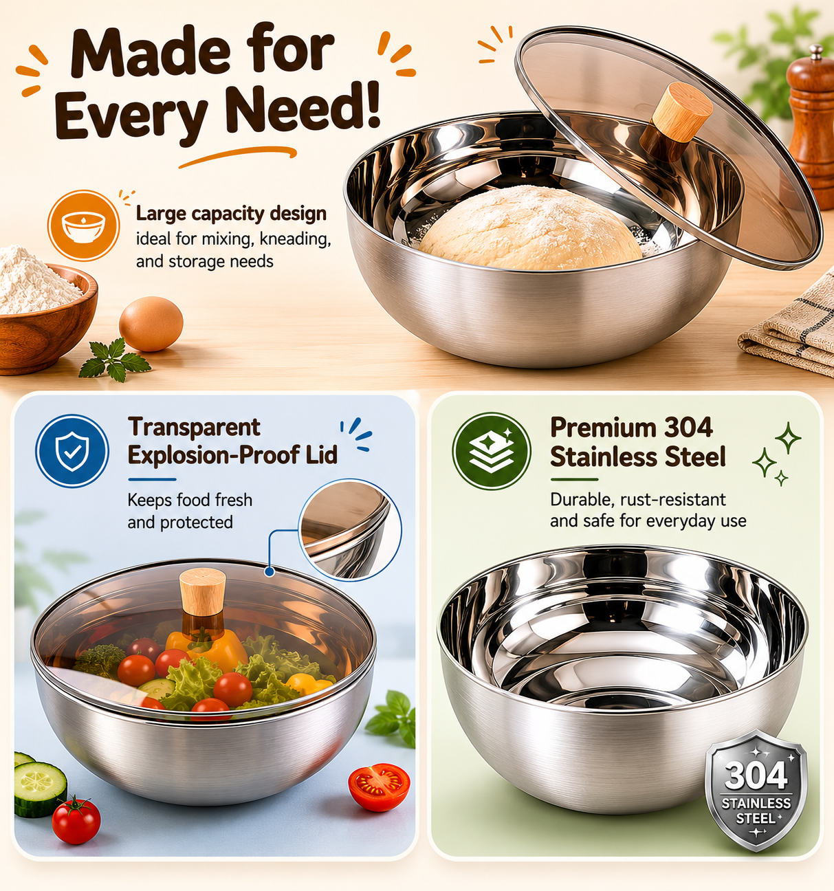 Homero Large-Capacity Stainless Steel Mixing Bowl with Lid