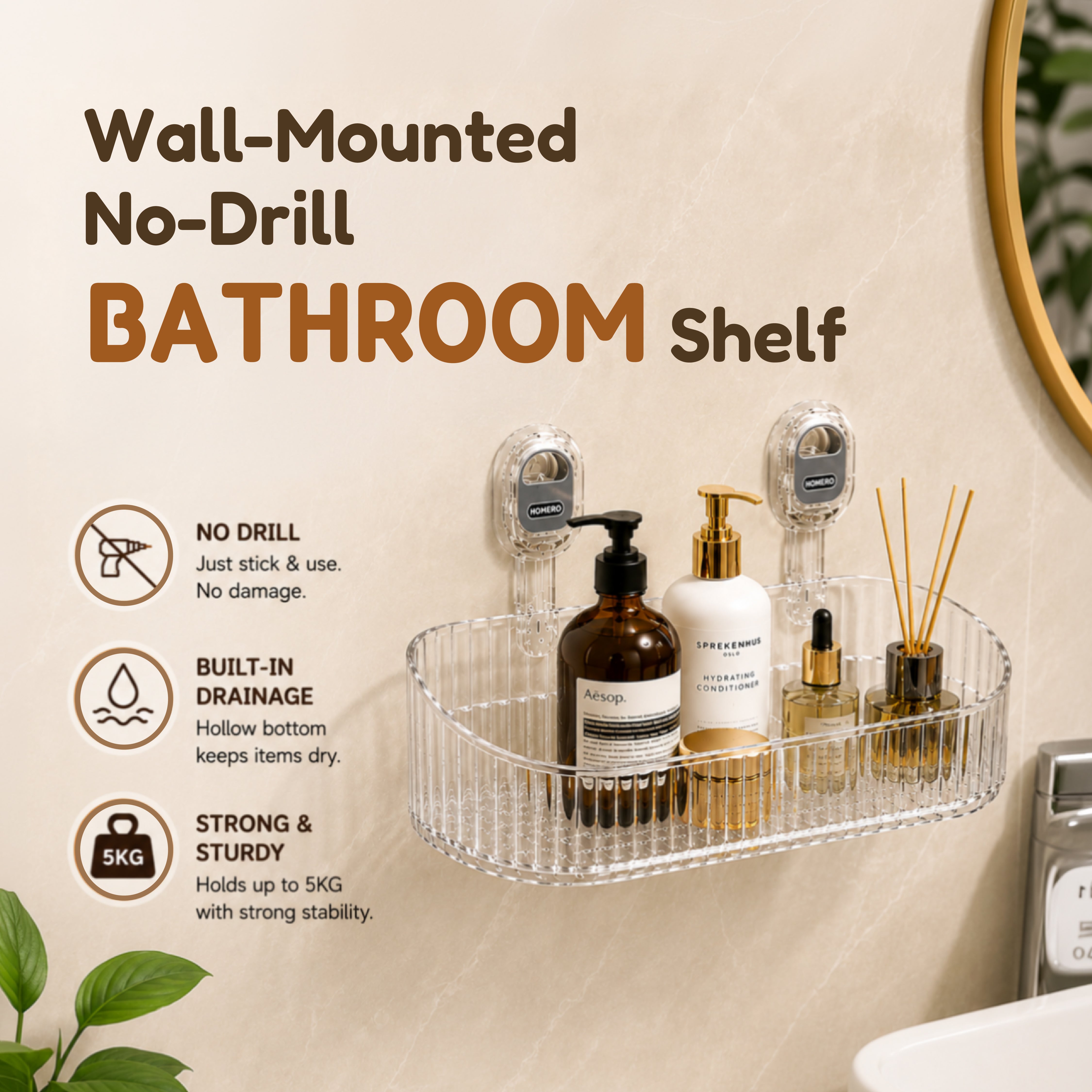 Homero Wall-Mounted No-Drill Bathroom Shelf with Drainage