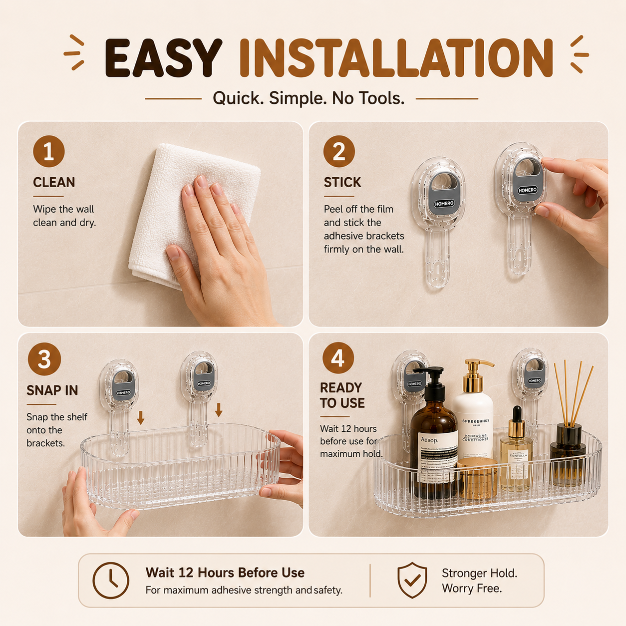 Homero Wall-Mounted No-Drill Bathroom Shelf with Drainage