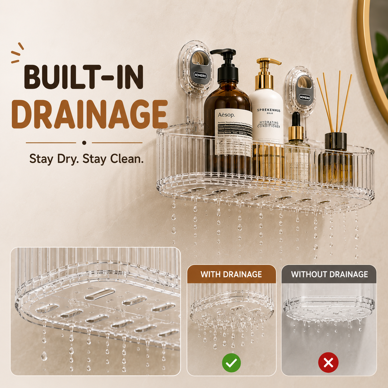 Homero Wall-Mounted No-Drill Bathroom Shelf with Drainage