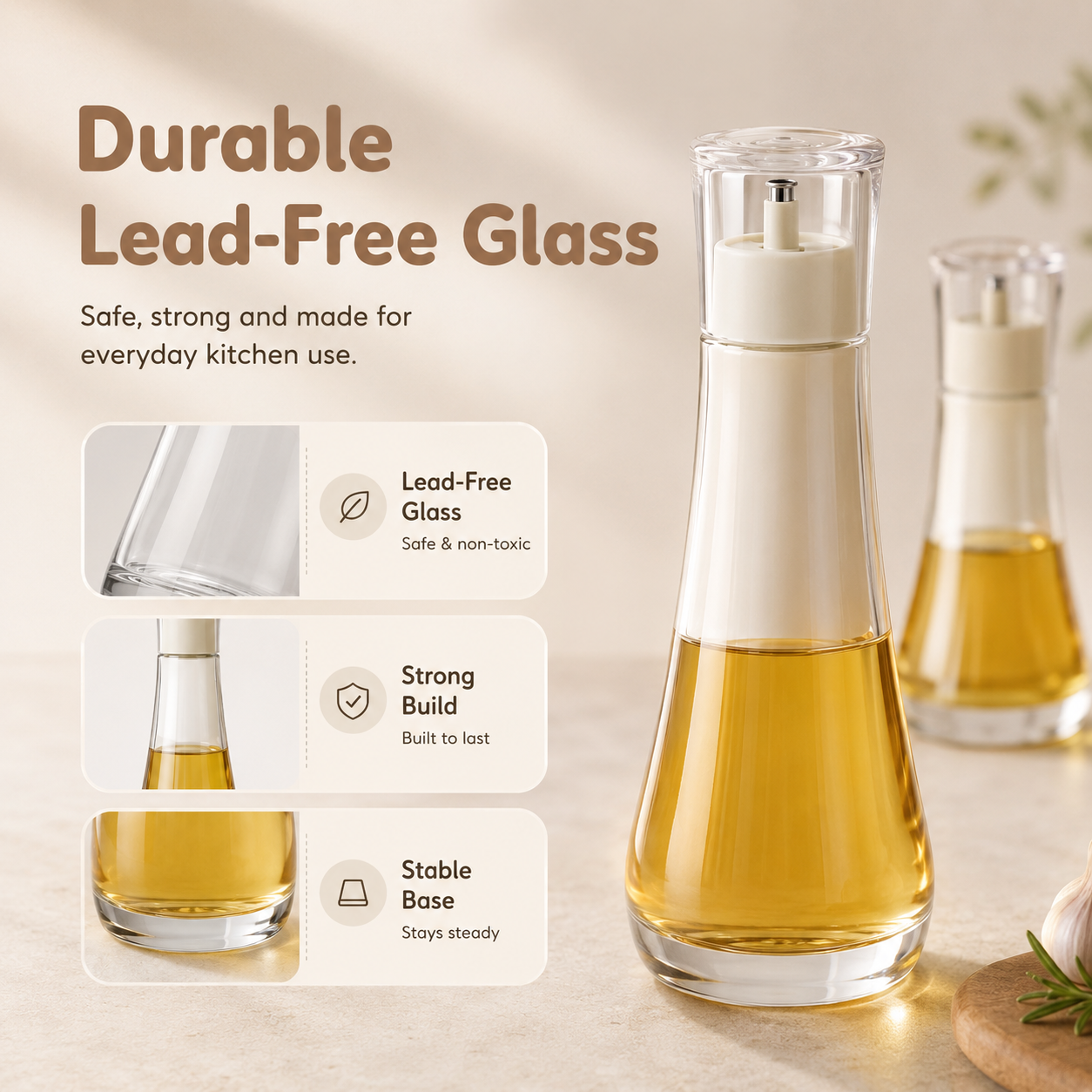 Homero Premium Glass Oil Dispenser with No-Drip Spout for Kitchen Use
