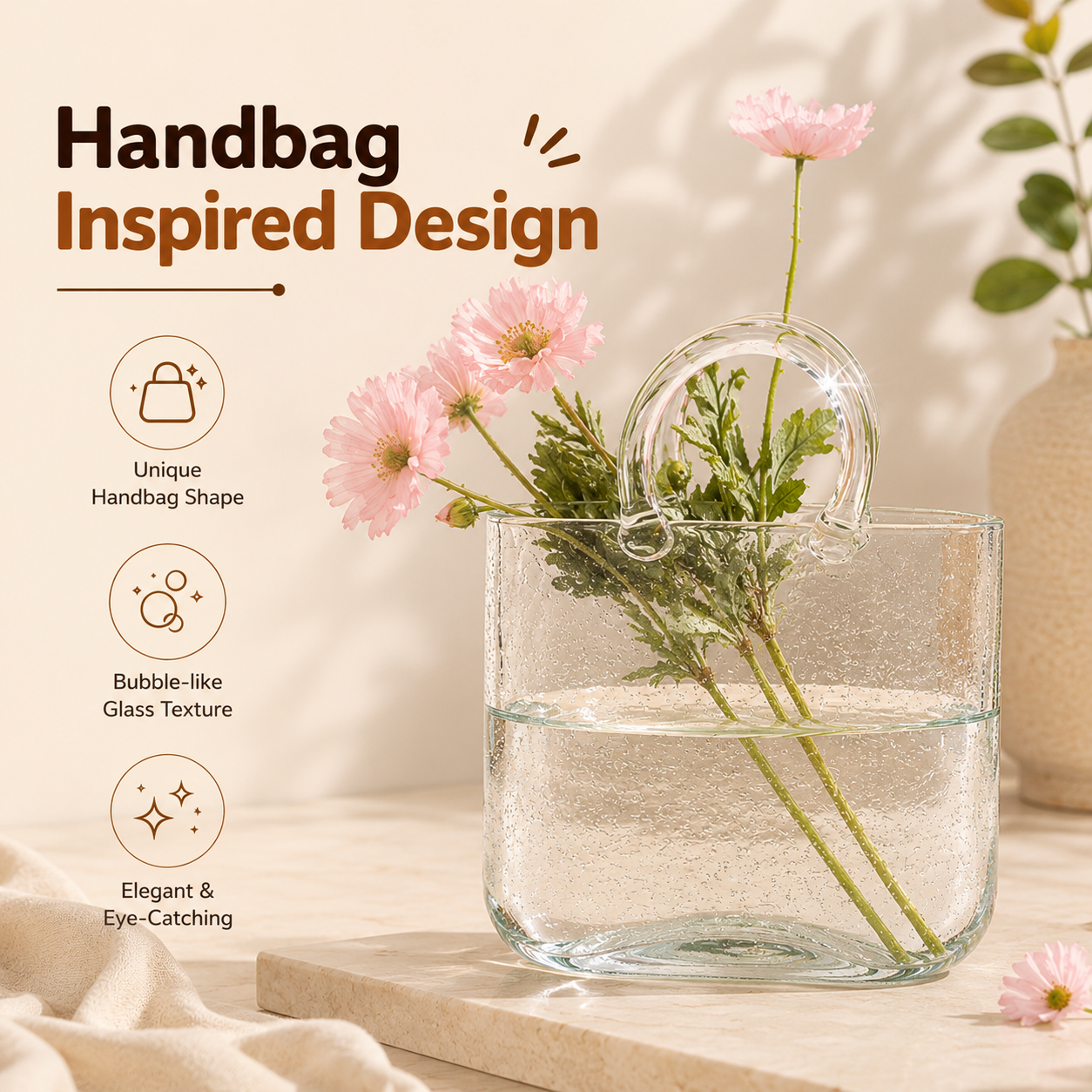 Homero Transparent Hand Blown Glass Vase with Elegant Purse Design