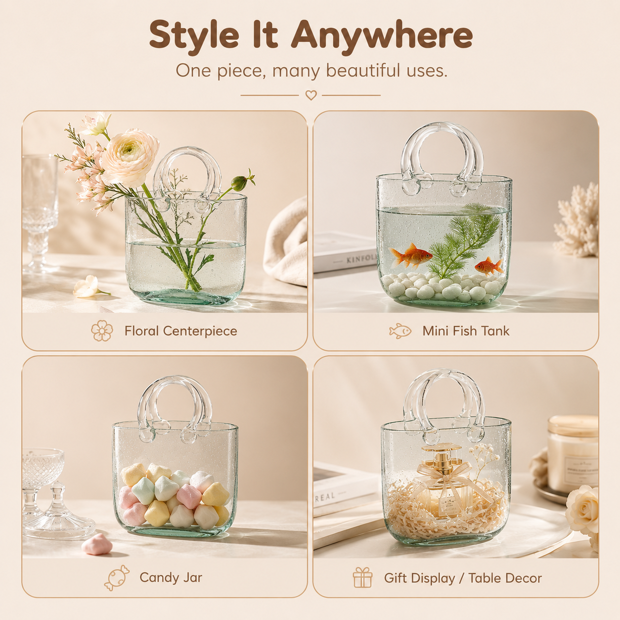 Homero Transparent Hand Blown Glass Vase with Elegant Purse Design