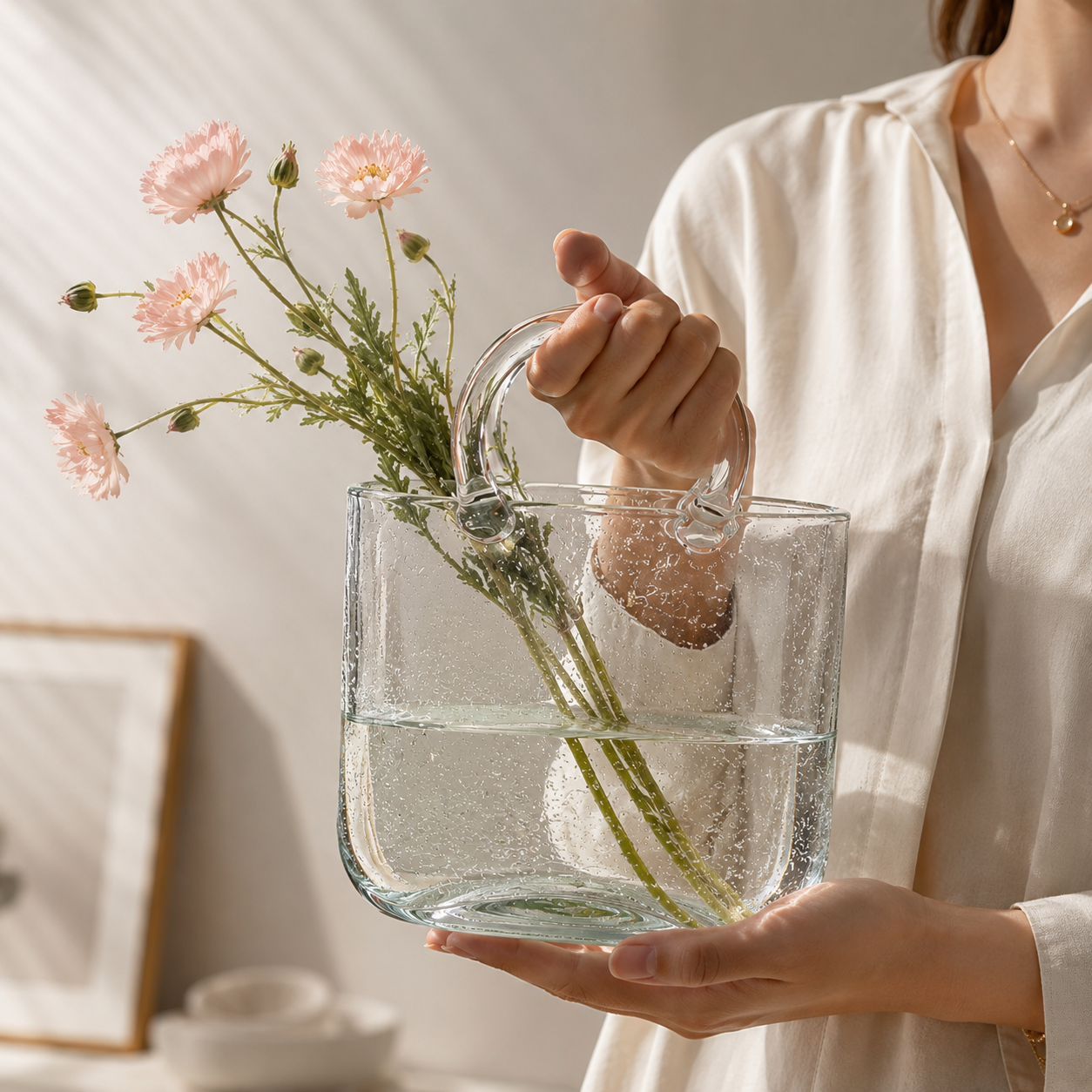 Homero Transparent Hand Blown Glass Vase with Elegant Purse Design