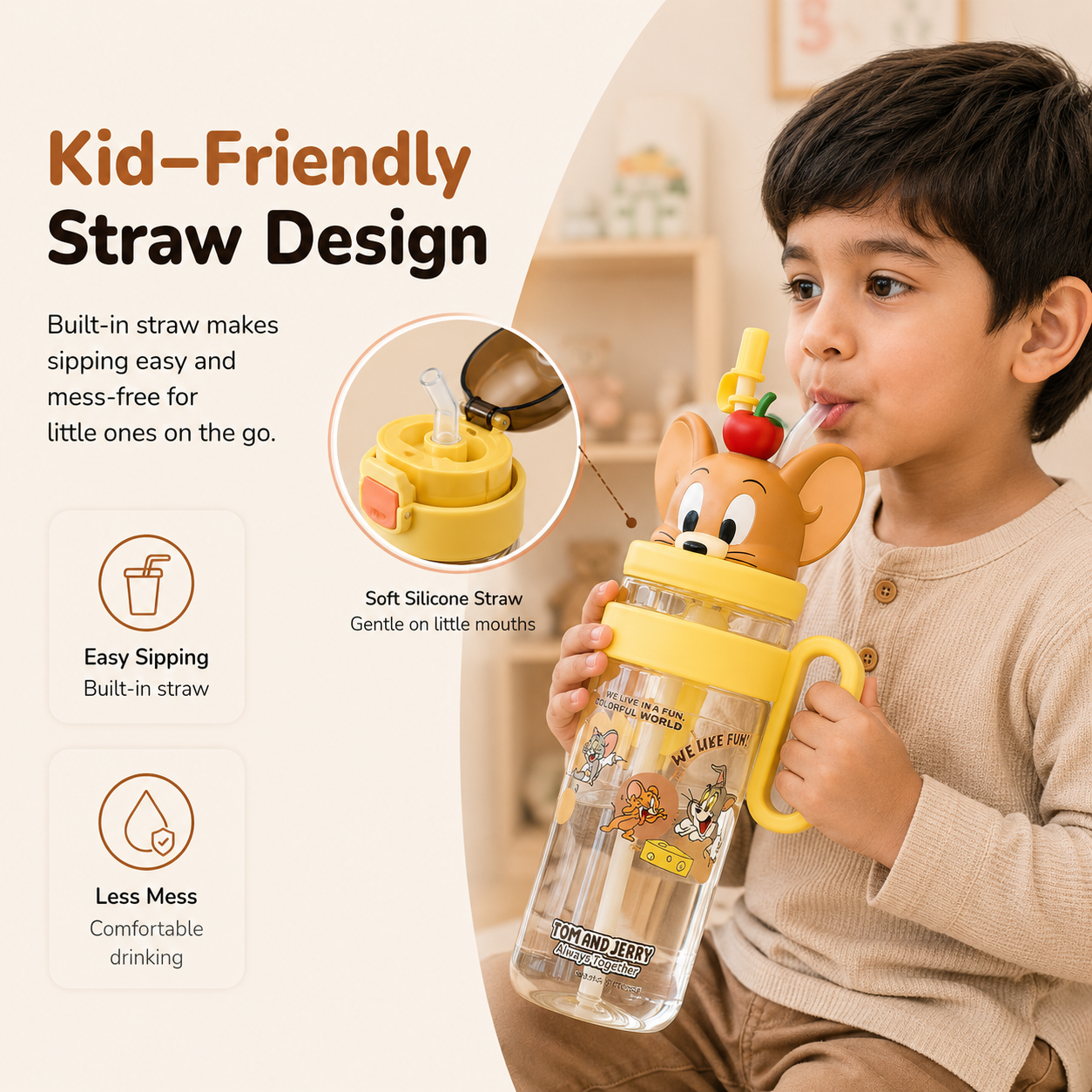 Homero Cute Cartoon Kids Water Bottle with Straw - 1060ml Capacity