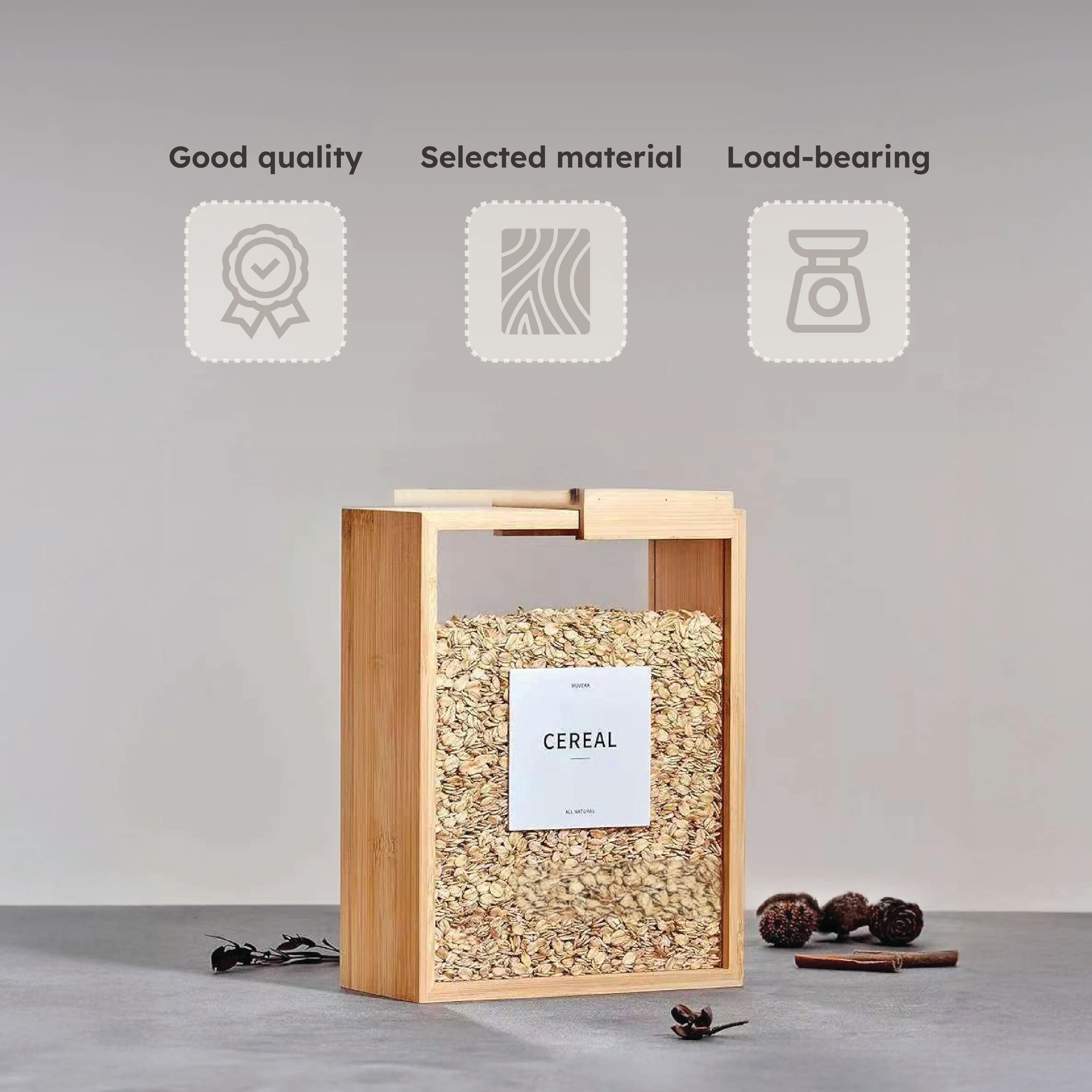 Homero Airtight Bamboo Lid Square Food Storage Dispenser - 2000ml Capacity